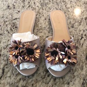 Satin slides with floral embellishments